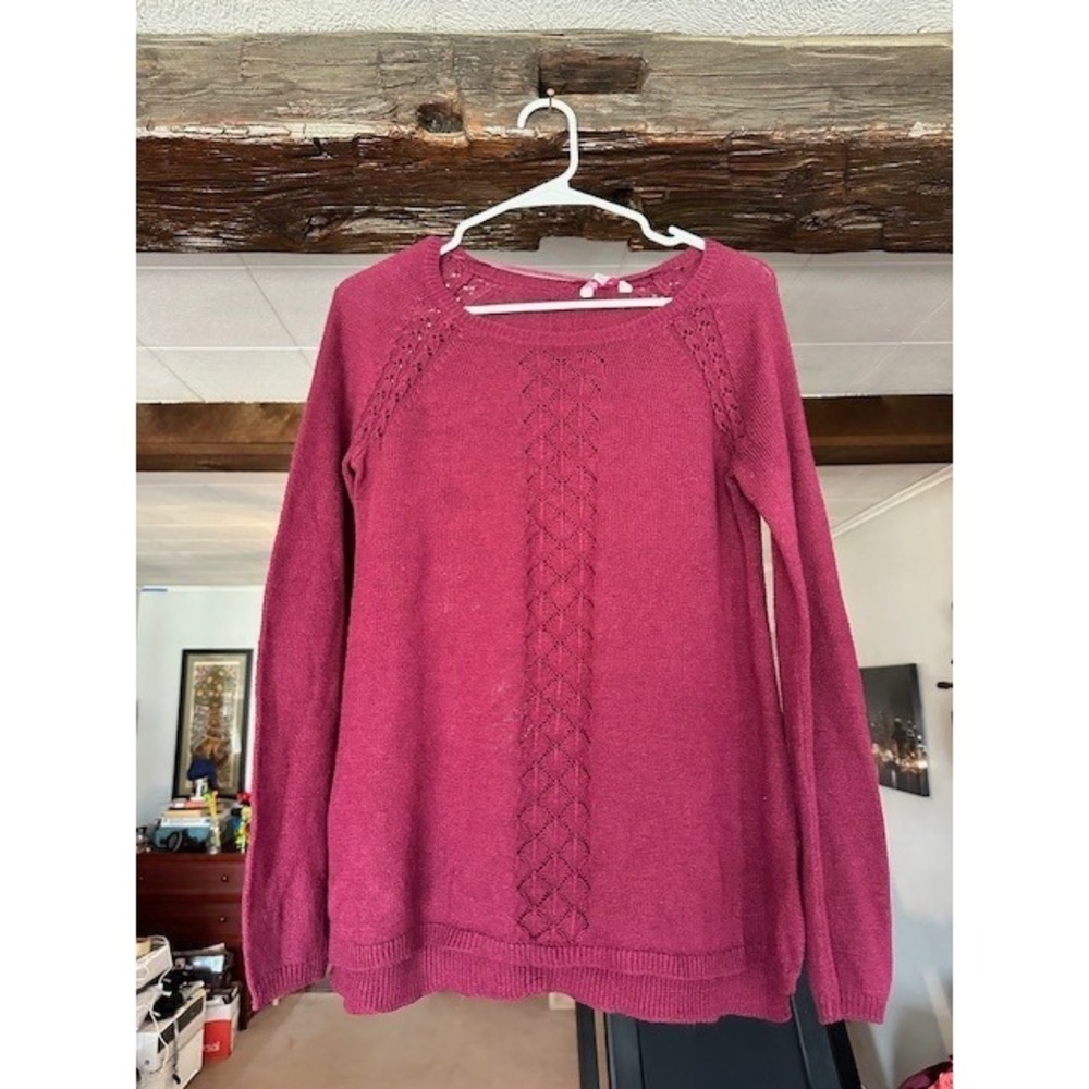 Candie's Women Berry Pink Pointelle Knit Button Back Sweater Medium Long Sleeve